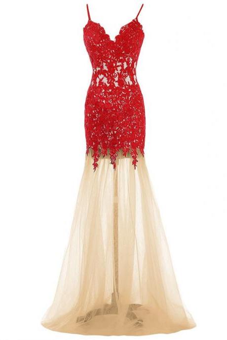 Sexy Mermaid Spaghetti Straps Floor Length Lace Tulle Prom Dress
