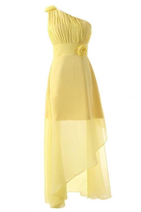 Yellow Long Chiffon Bridesmaid Dress Featuring Ruched One Shoulder Bodice With Floral Accent