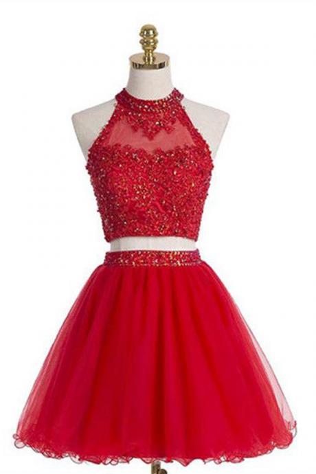Cute Two pieces Halter Red Sleeveless Homecoming Dress with Beaded