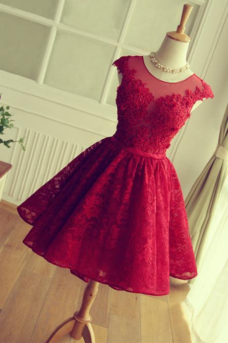 Party Dress mini Short Prom Dress Luxurious Scoop A-line Short Red Lace Homecoming Dress 