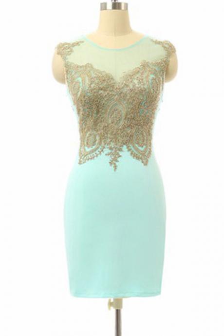 Mini Short Prom Dress Party Dress High Quality Bateau Sleeveless Short Sheath Mint Homecoming Dress with Lace Illusion Back