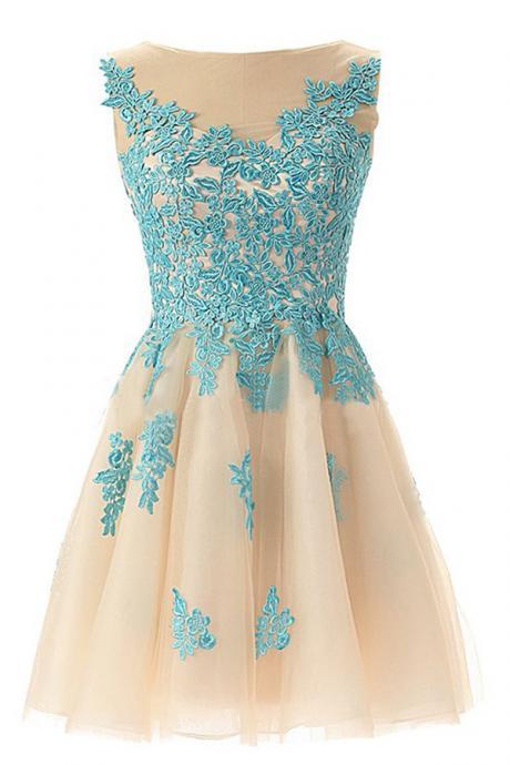 Mini Short Prom Dress Party Dress Chic Bateau Sleeveless Open Back Light Champagne Homecoming Dress with Blue Appliques