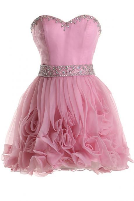 Mini Short Prom Dress Party Dress Sweet Sweetheart A-line Knee Length Organza Pink Homecoming Dress With Crystals