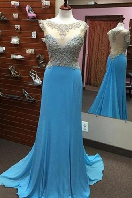 blue Prom Dresses,long prom dress,see through back prom Dress,beaded prom dress,charming prom gown