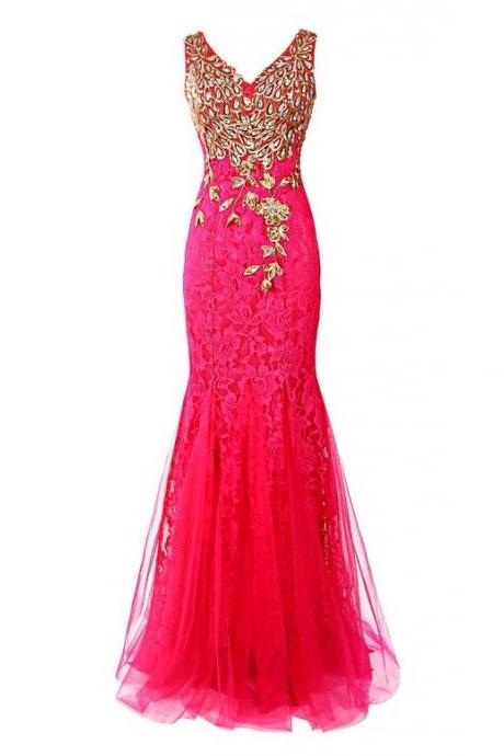 hot pink Prom Dresses,long prom dress,mermaid prom Dress,lace prom dress,charming evening dress