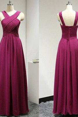 Custom Made Fuchsia Pink Strappy Ruched A-Line Chiffon Long Evening Dress, Bridesmaid Dresses, Prom Dresses 