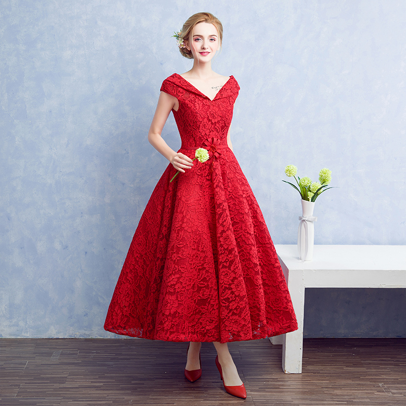 Gorgeous Red Evening Dress V Neck Lace Ball Gowns Ankle Length Formal ...