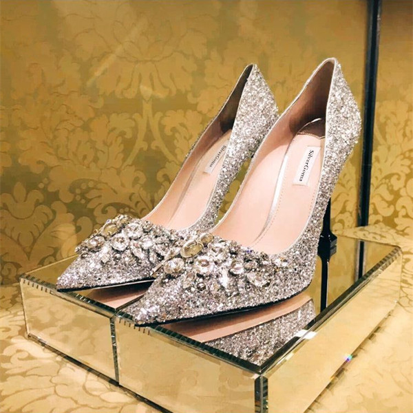 Pointed Toe Stiletto Pumps Featuring Diamond And Glittery ...