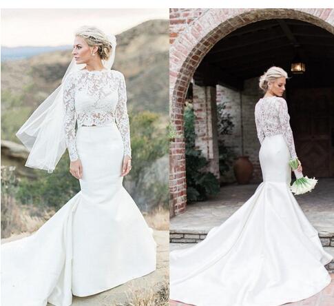 2 Pieces Mermaid Wedding Dresses Long Sleeve See Through Lace Top