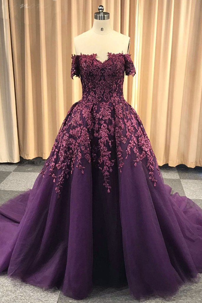 Purple Tulle Off Shoulder Strapless Sweep Train Long Winter Formal Prom ...