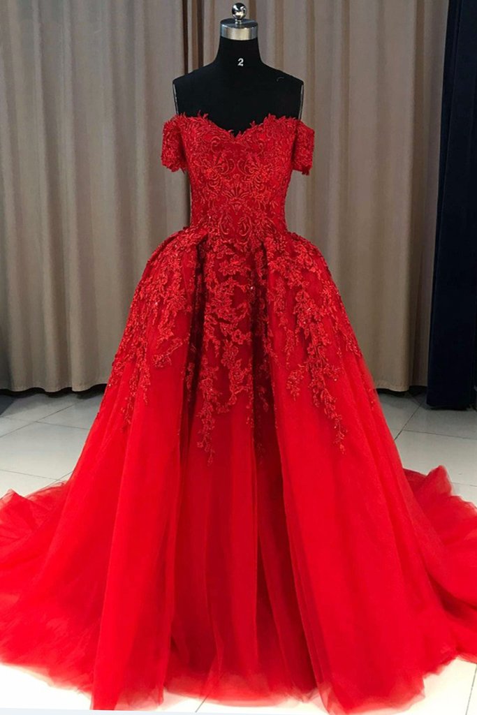 Red Tulle Off Shoulder Strapless Sweep Train Long Evening Dress, Red ...