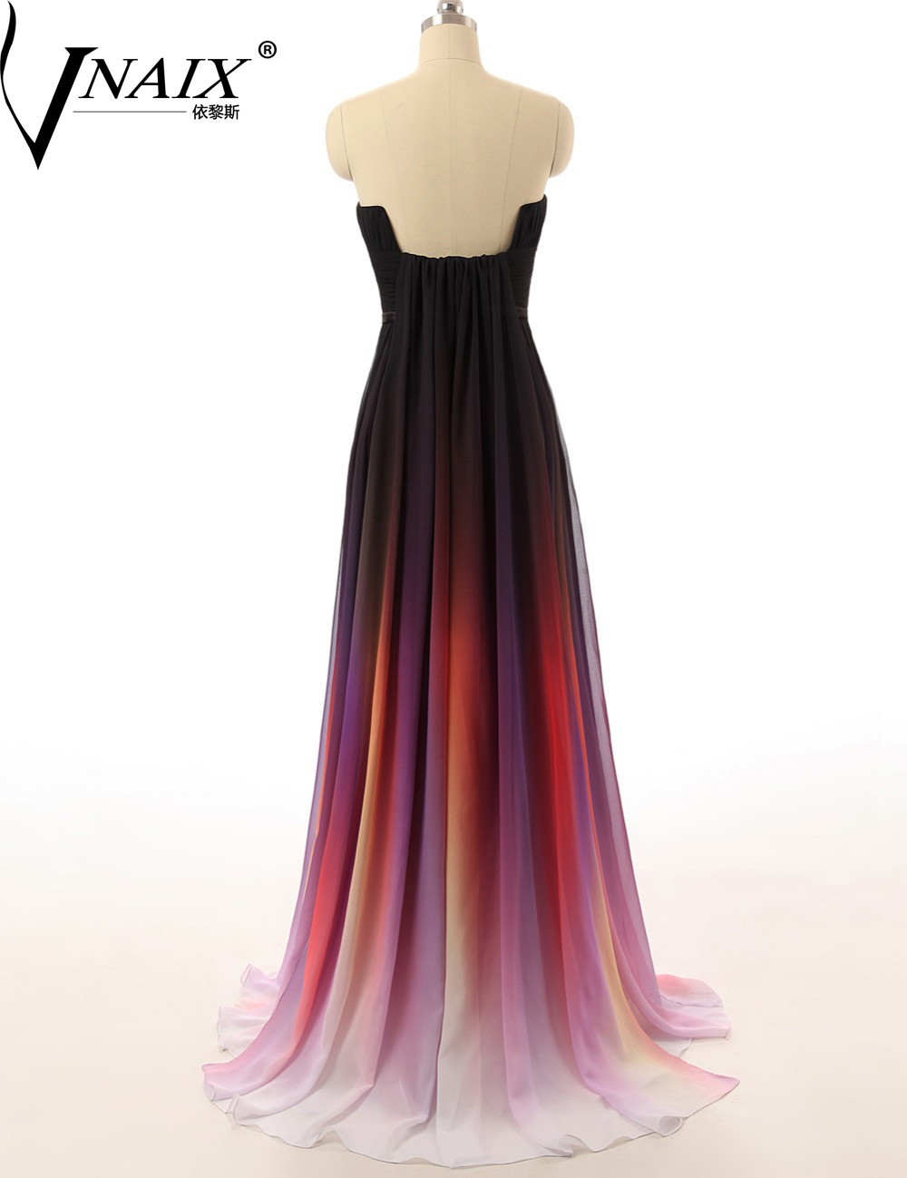 Real Photo In Stock Gradient Ombre Evening Dresses Strapless With Pleat Long Chiffon A Line 6004