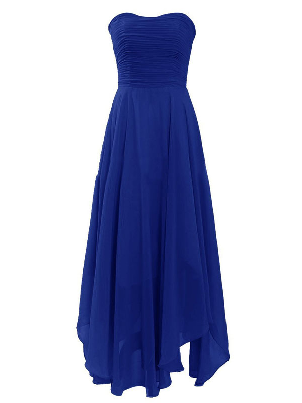 Simple A-line Strapless Tea-length Chiffon Royal Blue Bridesmaid Dress ...