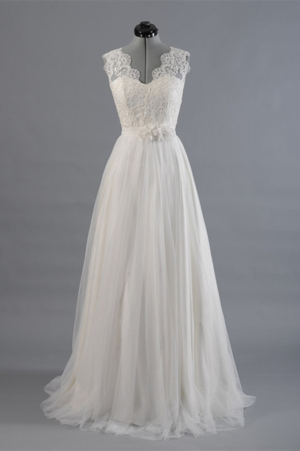 Elegant V-neck Sweep Train White Open Back Lace Wedding Dress on Luulla